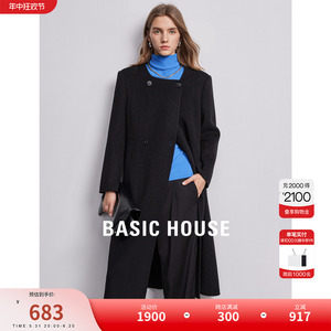 Basic House/百家好双面呢大衣女2023冬季新款黑色纯羊毛大衣外套