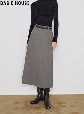 Basic House/百家好灰色毛呢半身裙女士冬季高级感加厚直筒a字裙