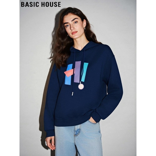 Basic 百家好宝蓝色抽绳连帽加厚卫衣女秋冬慵懒风打底上衣 House