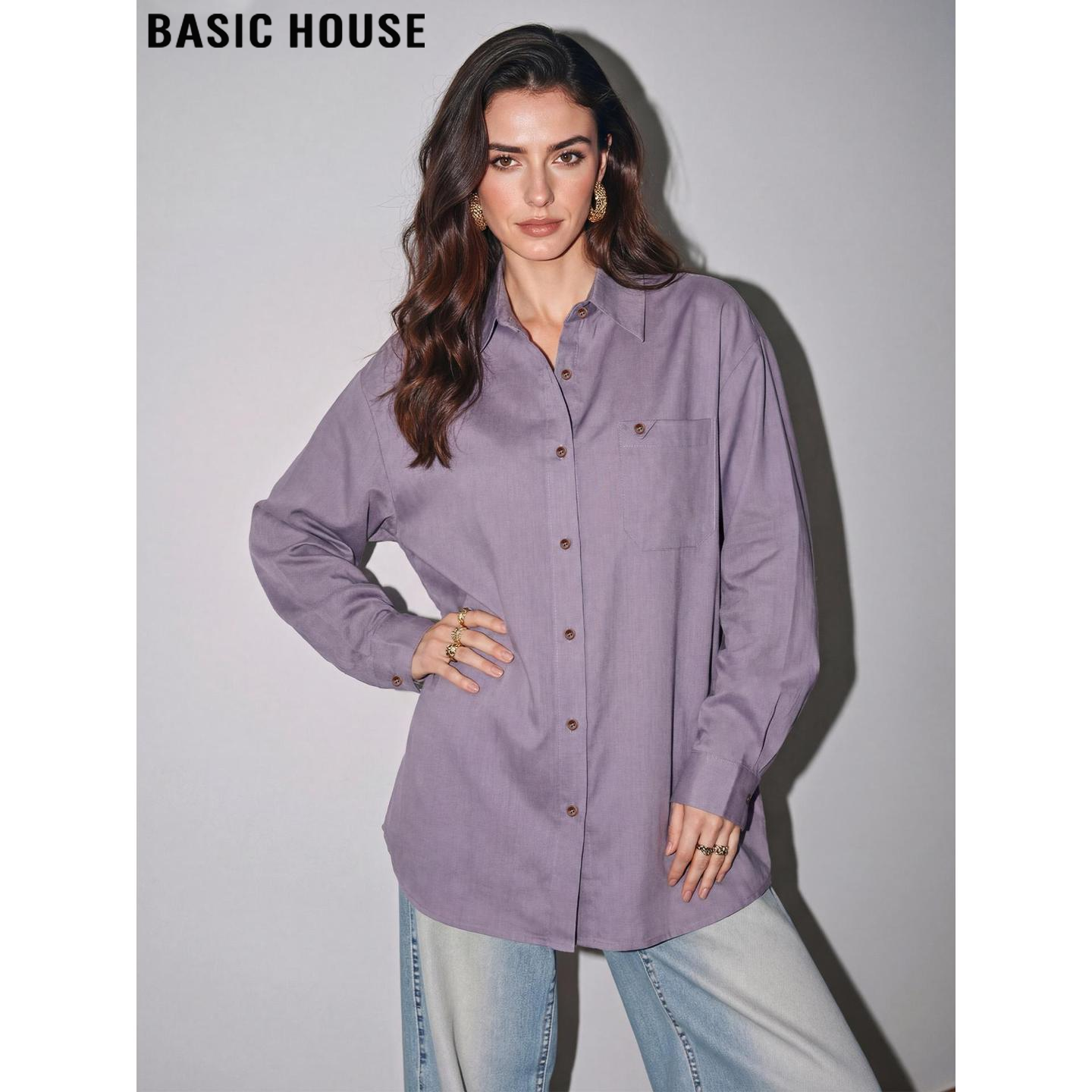 Basic House/百家好紫色苎麻长袖衬衫女2026春季新款宽松遮肉上衣,女装/女士精品,衬衫,淘宝优惠券,粉丝福利购,淘宝优惠卷