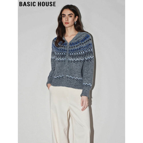 百家好费尔岛灰色拉链毛衣外套女