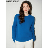 Basic 慵懒风圆领毛衣 女冬季 House 百家好蓝色100%羊毛加厚针织衫