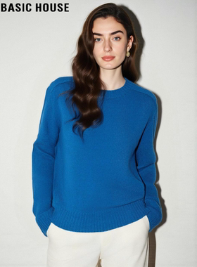 Basic House/百家好蓝色100%羊毛加厚针织衫女冬季慵懒风圆领毛衣