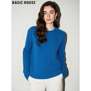 Basic House/百家好蓝色100%羊毛加厚针织衫女冬季慵懒风圆领毛衣