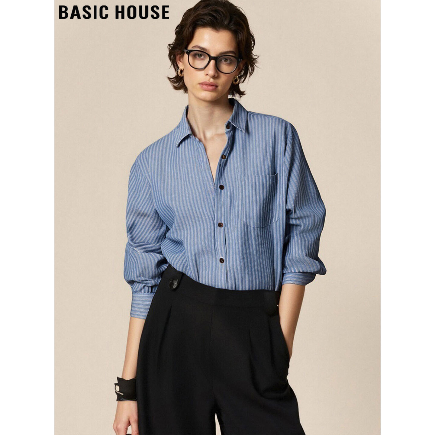 百家好复古通勤蓝色条纹衬衫内搭