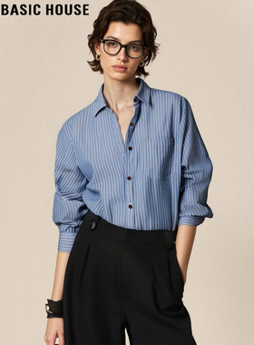 Basic House/百家好复古蓝色条纹衬衫女2026春季新款叠穿内搭上衣