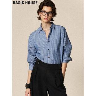 新款 Basic 女2026春季 百家好复古蓝色条纹衬衫 叠穿内搭上衣 House