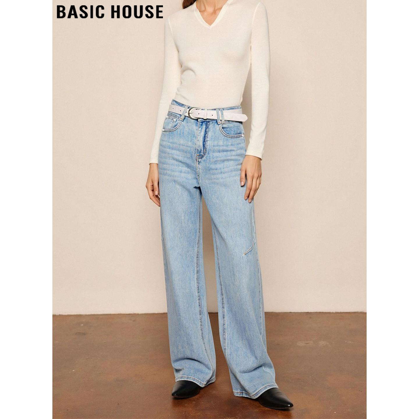 Basic House/百家好蓝色阔腿牛仔裤女2026春季新款高腰垂感直筒裤