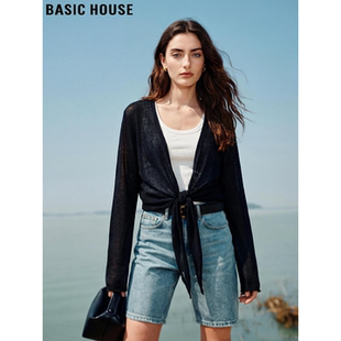 Basic House/百家好天丝系带针织开衫女2026春季新款薄款防晒外套