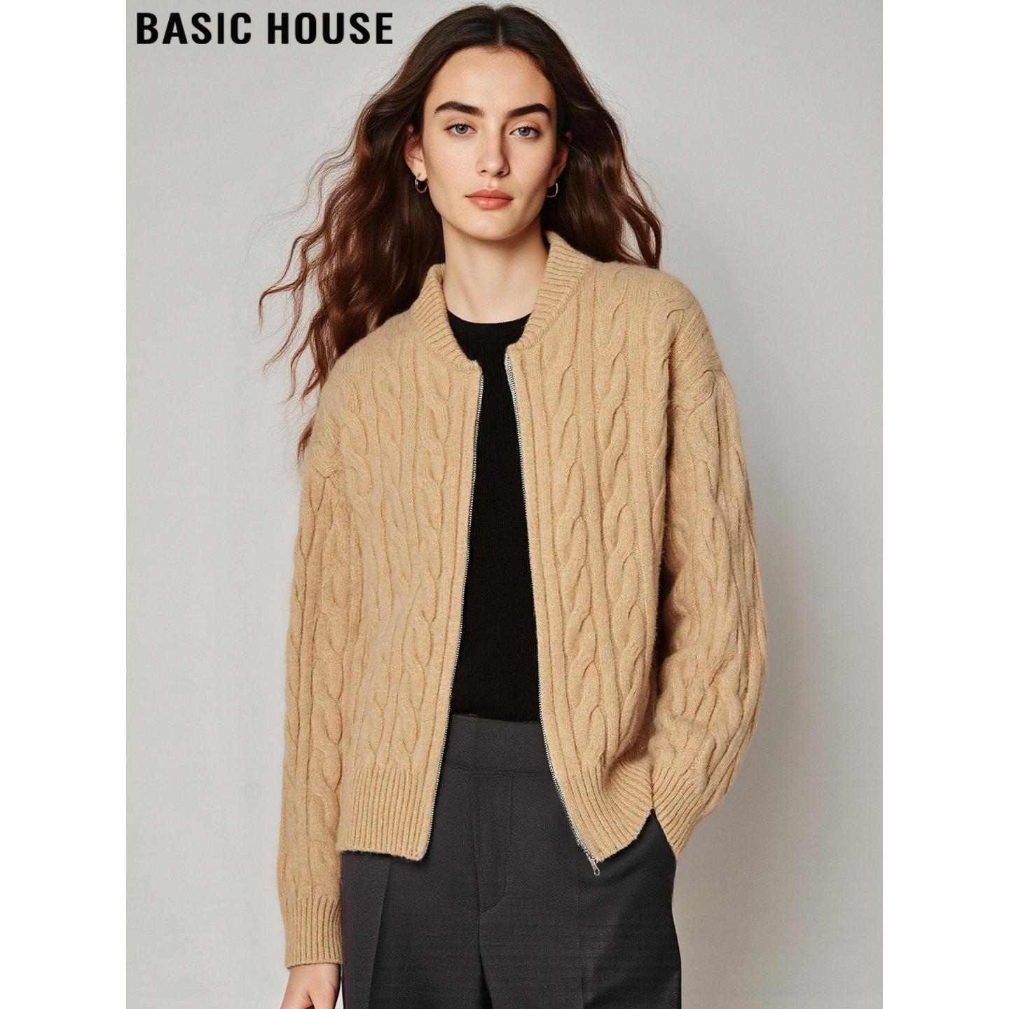 百家好驼色100%羊毛拉链毛衣外套