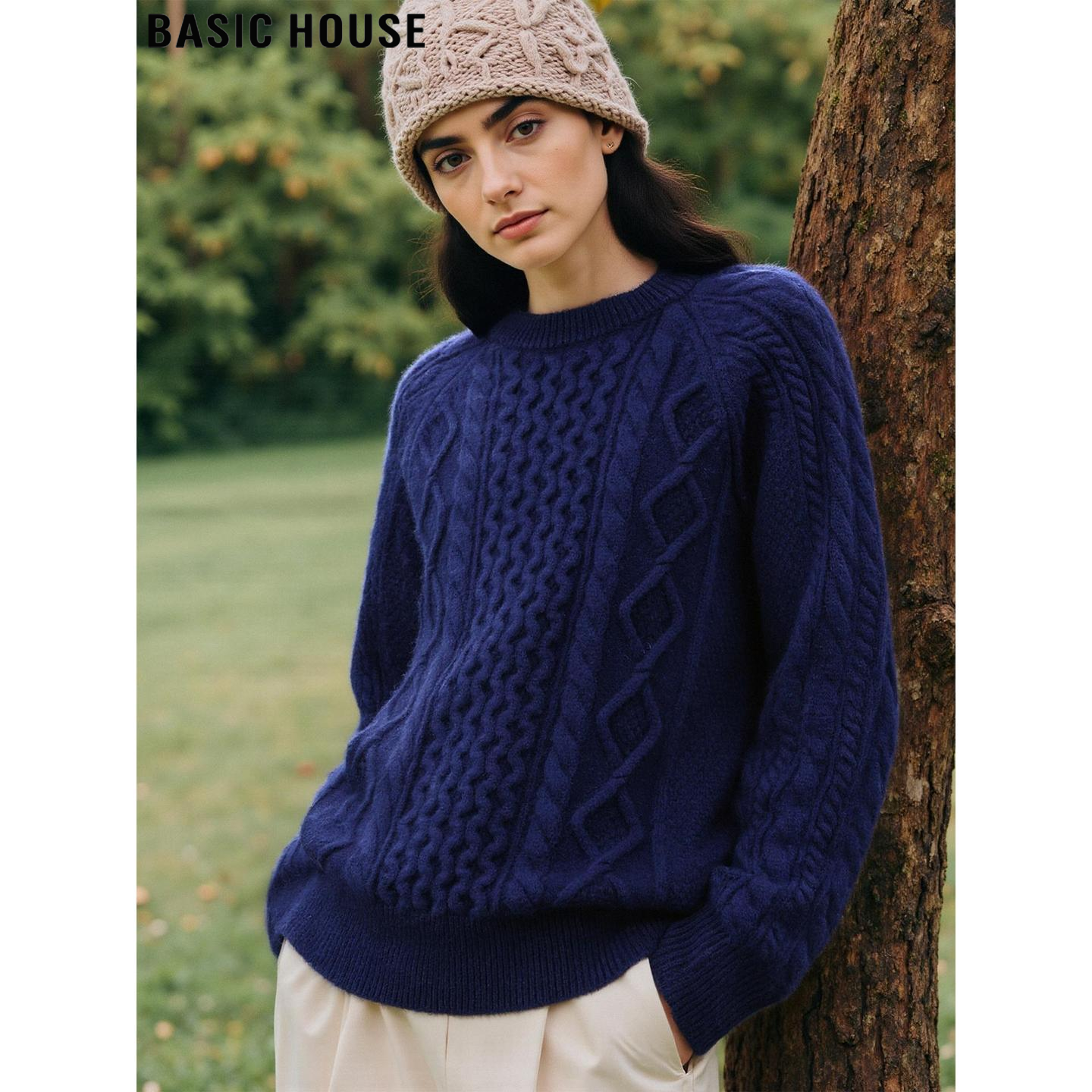 Basic House/百家好藏青色100%羊毛麻花针织衫女冬季修身软糯毛衣