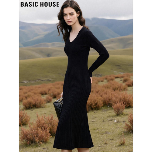 百家好黑色V领打底针织连衣裙女