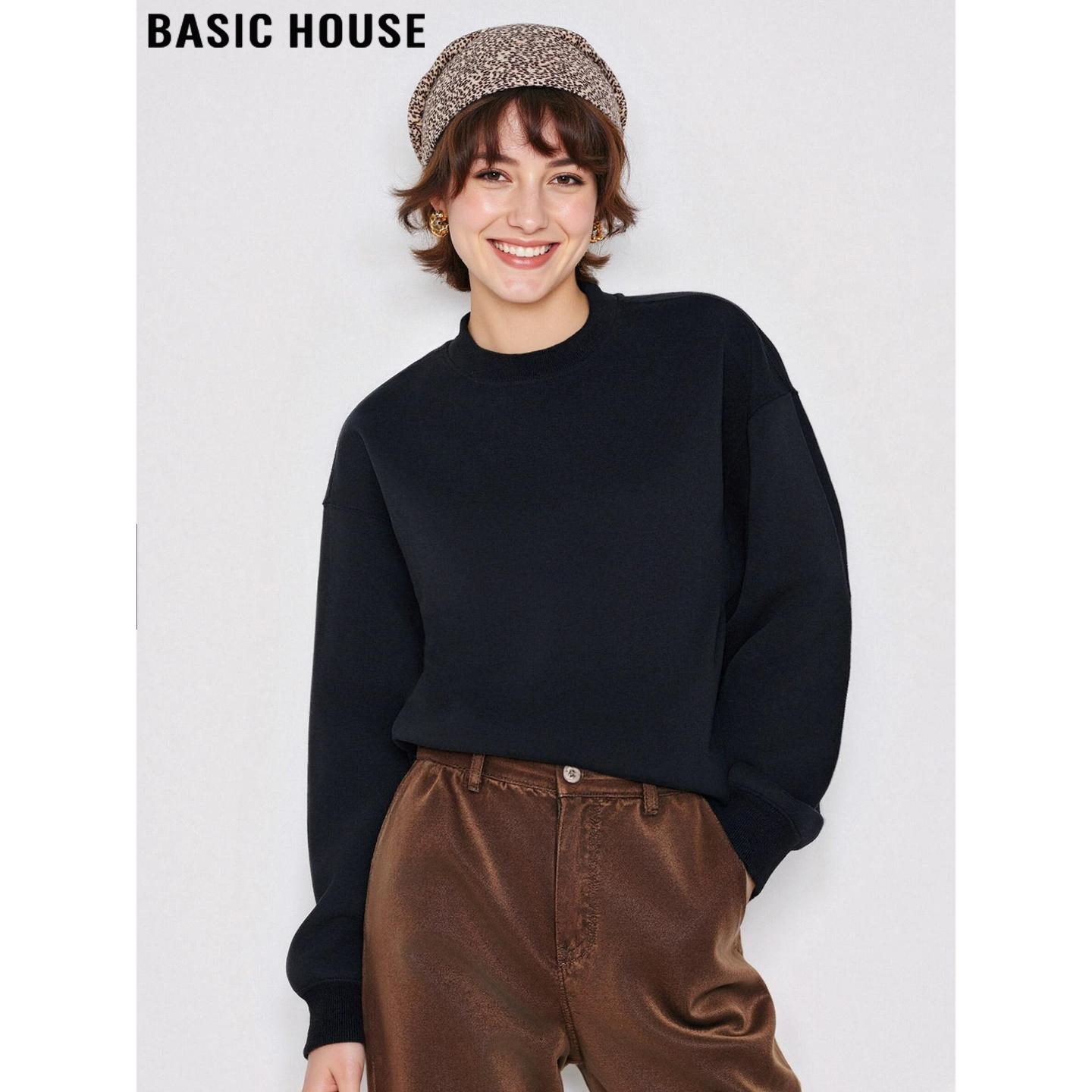 黑色圆领卫衣加厚套头打底衫女士