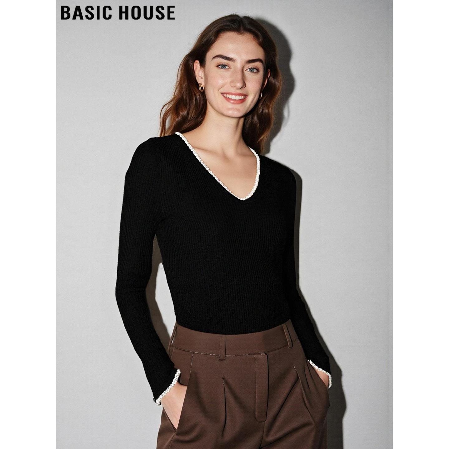 百家好设计感V领喇叭袖针织衫女