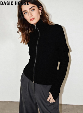 Basic House/百家好黑色拉链高领卫衣女冬季加厚修身显瘦运动外套