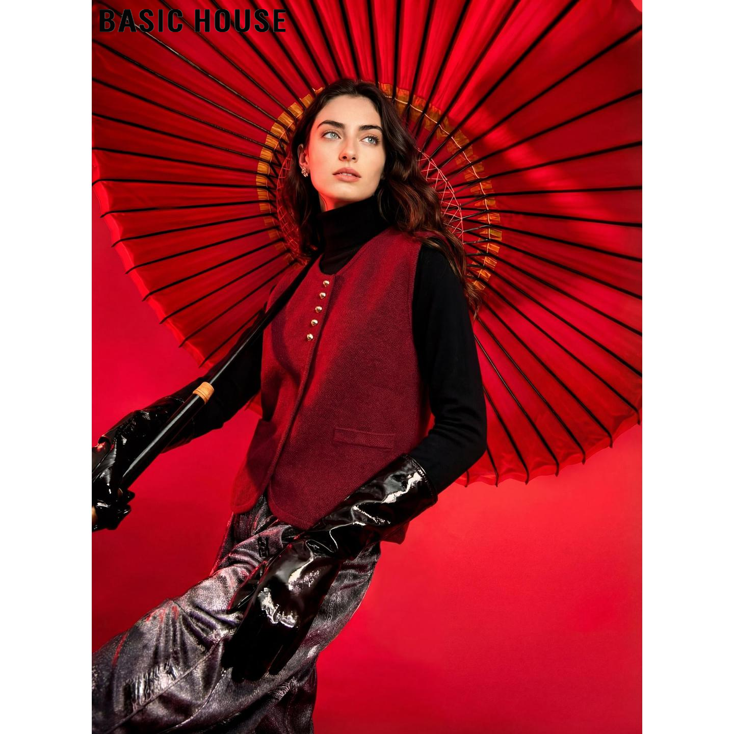 Basic House/百家好新年红针织马甲女士2026春季新款短款马夹外套,女装/女士精品,马夹,淘宝优惠券,粉丝福利购,淘宝优惠卷