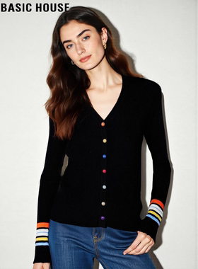 Basic House/百家好黑色彩色纽扣V领针织衫女士春季修身软糯毛衣