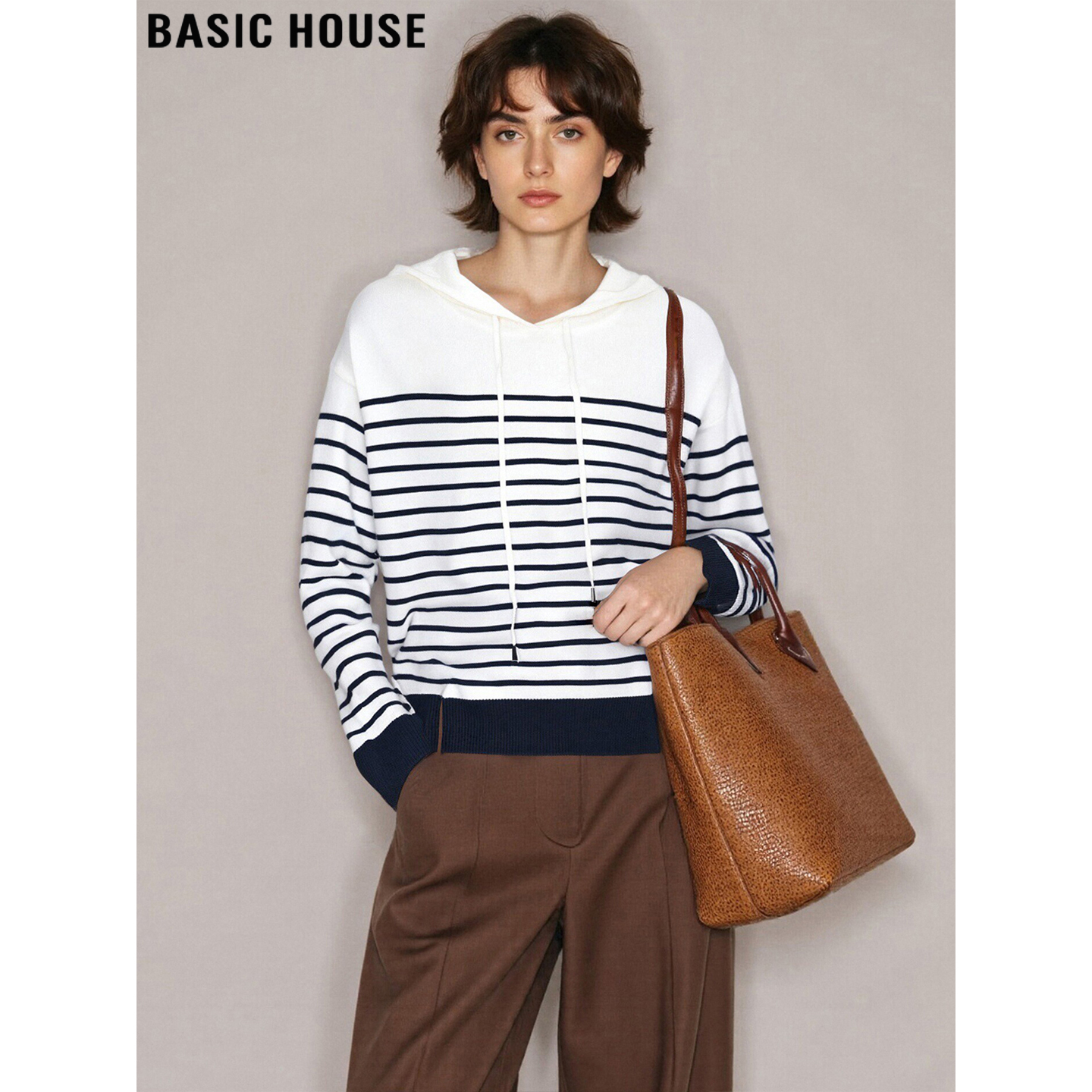 百家好条纹连帽针织衫含羊毛内搭