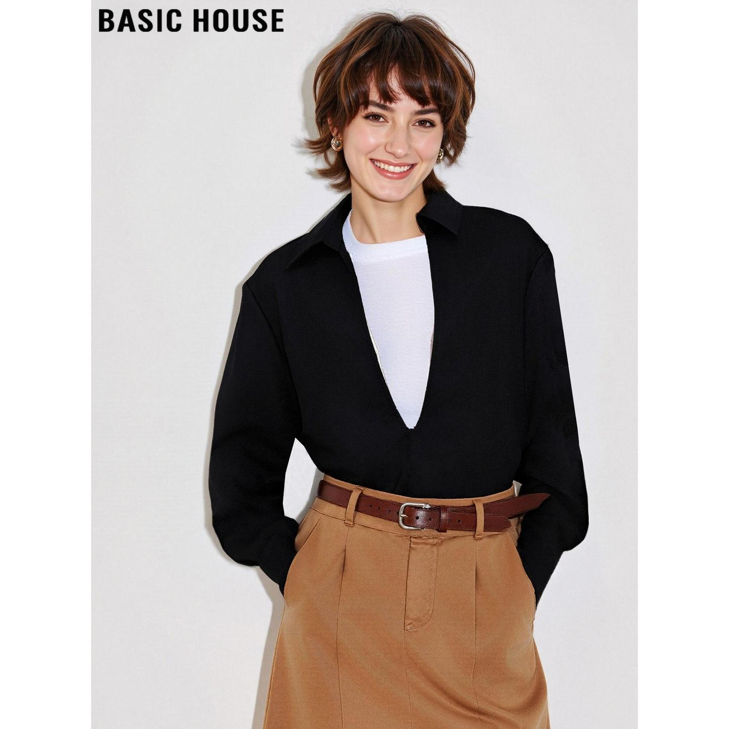 Basic House/百家好设计感黑色V领衬衫女士2026春季新款叠穿衬衣