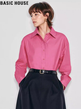 Basic House/百家好红色POLO领衬衫女士2026春季新款气质长袖衬衣