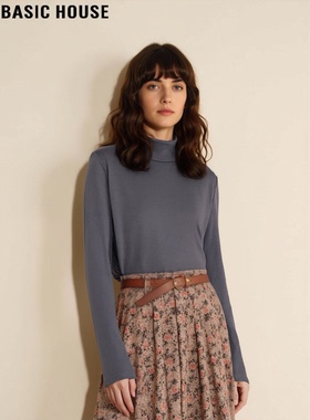Basic House/百家好灰色高领打底衫女士冬季简约百搭弹力修身T恤