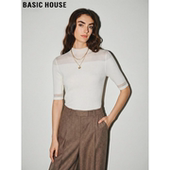 House 修身 百家好蕾丝镂空天丝中袖 女夏季 半高领T恤 针织衫 Basic