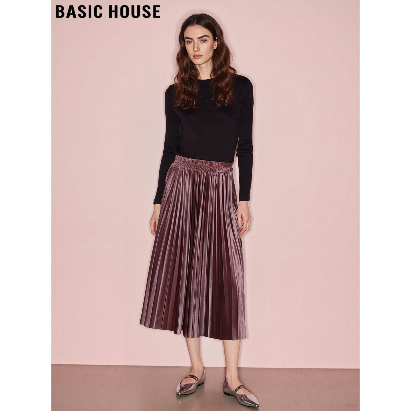 Basic House/百家好气质树莓紫金丝绒百褶半身裙女2025秋冬A字裙