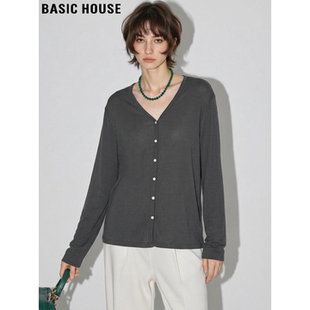 House 冰丝开衫 百家好灰色V领莫代尔长袖 宽松薄款 T恤女春季 Basic