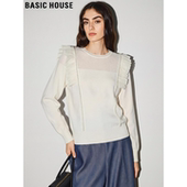 House 百家好白色镂空荷叶边针织衫 女2026春季 Basic 新款 钉珠上衣