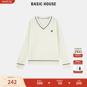 Basic House/百家好学院风V领针织衫女春季新款刺绣撞色毛衣