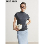 House 百家好半高领针织短袖 T恤女2026夏季 Basic 新款 深灰色上衣