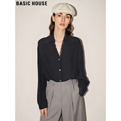 女春季 Basic 衬衫 百家好黑色蕾丝拼接V领长袖 天丝衬衣上衣 House