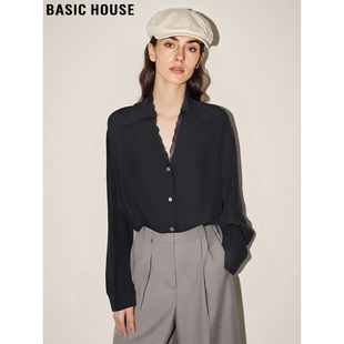 衬衫 百家好黑色蕾丝拼接V领长袖 女秋冬天丝衬衣上衣 House Basic