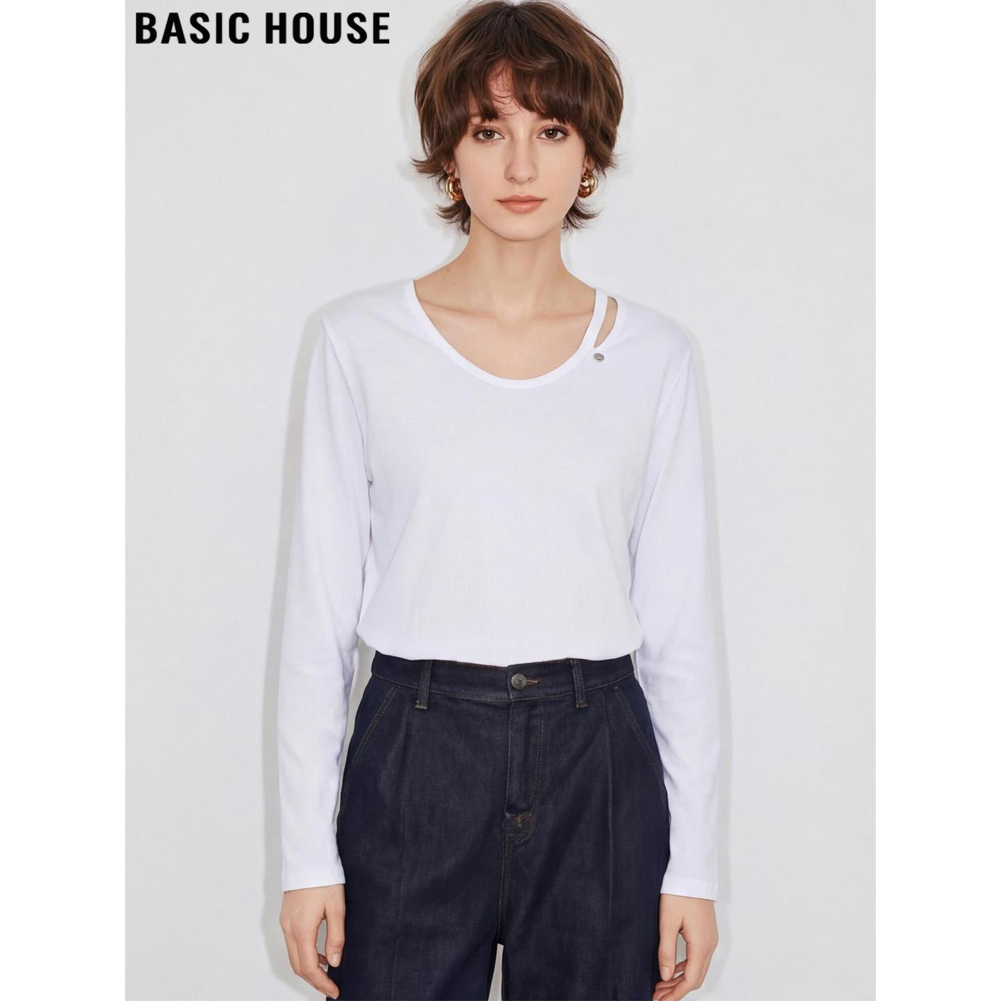 Basic House/百家好设计感白色长袖T恤女2026春季新款镂空打底衫,女装/女士精品,T恤,淘宝优惠券,粉丝福利购,淘宝优惠卷