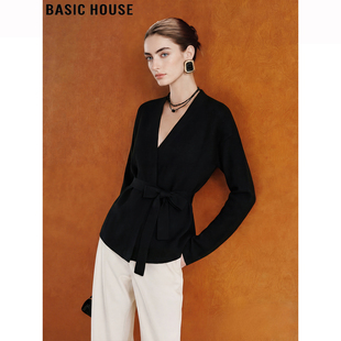 女士夏季 百家好莱赛尔冰丝针织开衫 黑色系带收腰上衣 House Basic