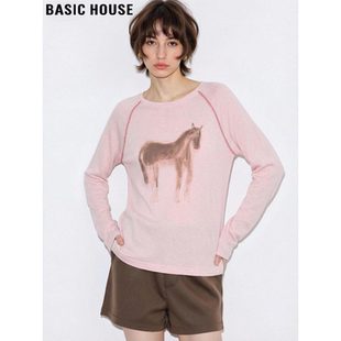 T恤女春季 Basic 小马印花天丝长袖 百家好美式 宽松插肩上衣 House