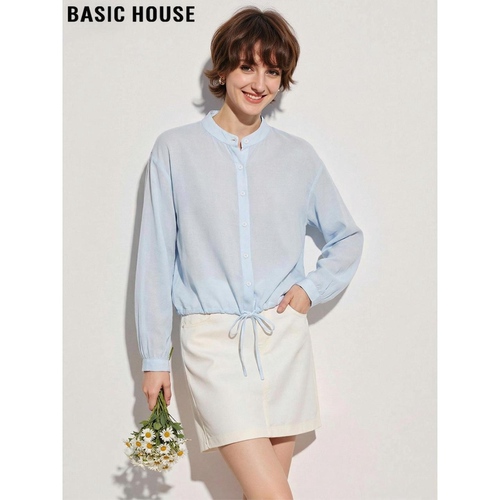 百家好蓝色圆领天丝薄款防晒衬衫