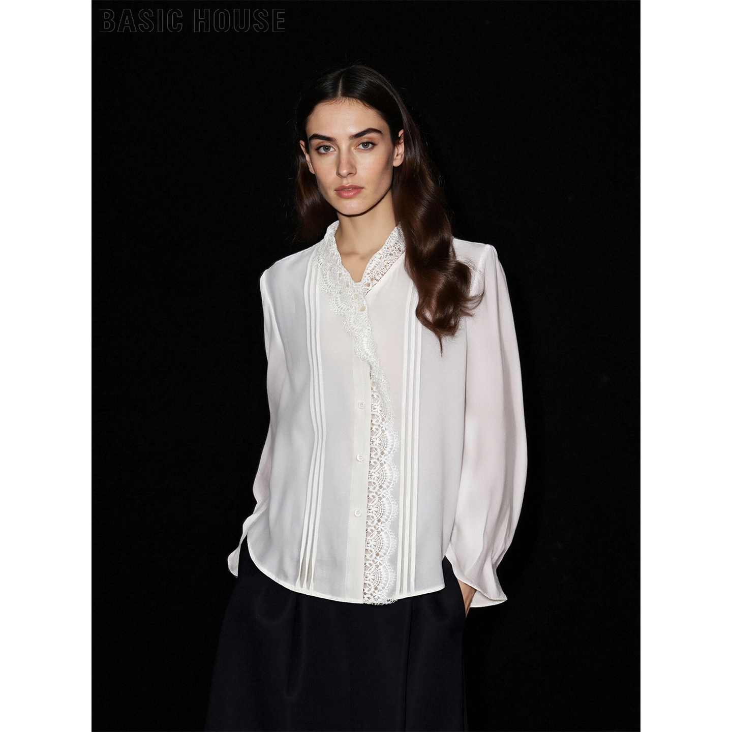 百家好宫廷风蕾丝花边V领衬衫女