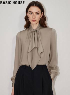 Basic House/百家好咖色飘带衬衫女2026春季新款法式气质叠穿衬衣