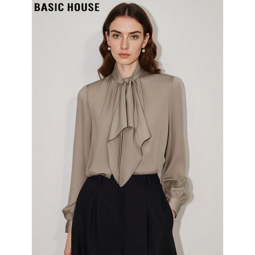 百家好法式美拉德咖色飘带衬衫女