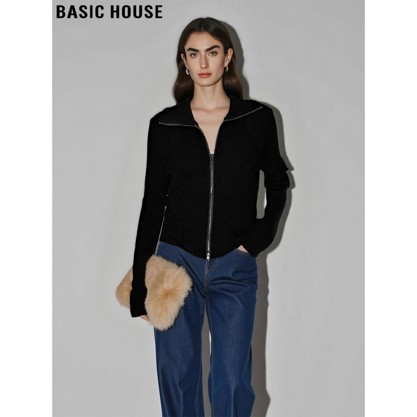 百家好黑色毛衣外套翻领针织开衫