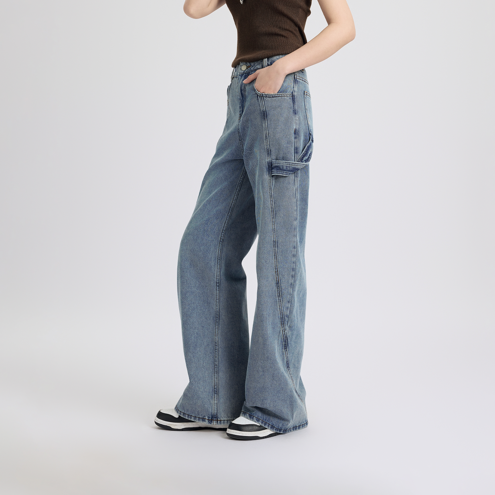 Basic House/百家好美式复古高腰直筒牛仔裤女2025秋季显瘦阔腿裤
