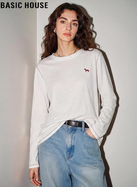 Basic House/百家好白色小马长袖T恤女春季新款明线设计宽松上衣