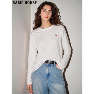 新款 Basic T恤女春季 百家好白色小马长袖 明线设计宽松上衣 House