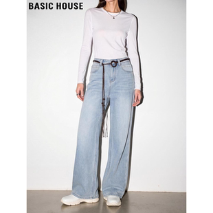 Basic House/百家好浅蓝色直筒牛仔裤女士春季梨形身材高腰阔腿裤