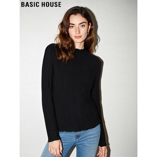 Basic House/百家好黑色半高领木耳边针织打底衫女士秋冬加厚毛衣