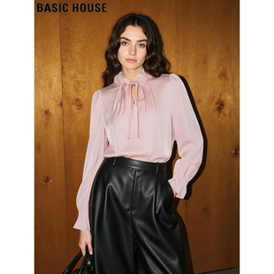 新款 Basic 女2026春季 百家好花瓣领系带粉色衬衫 设计感衬衣 House