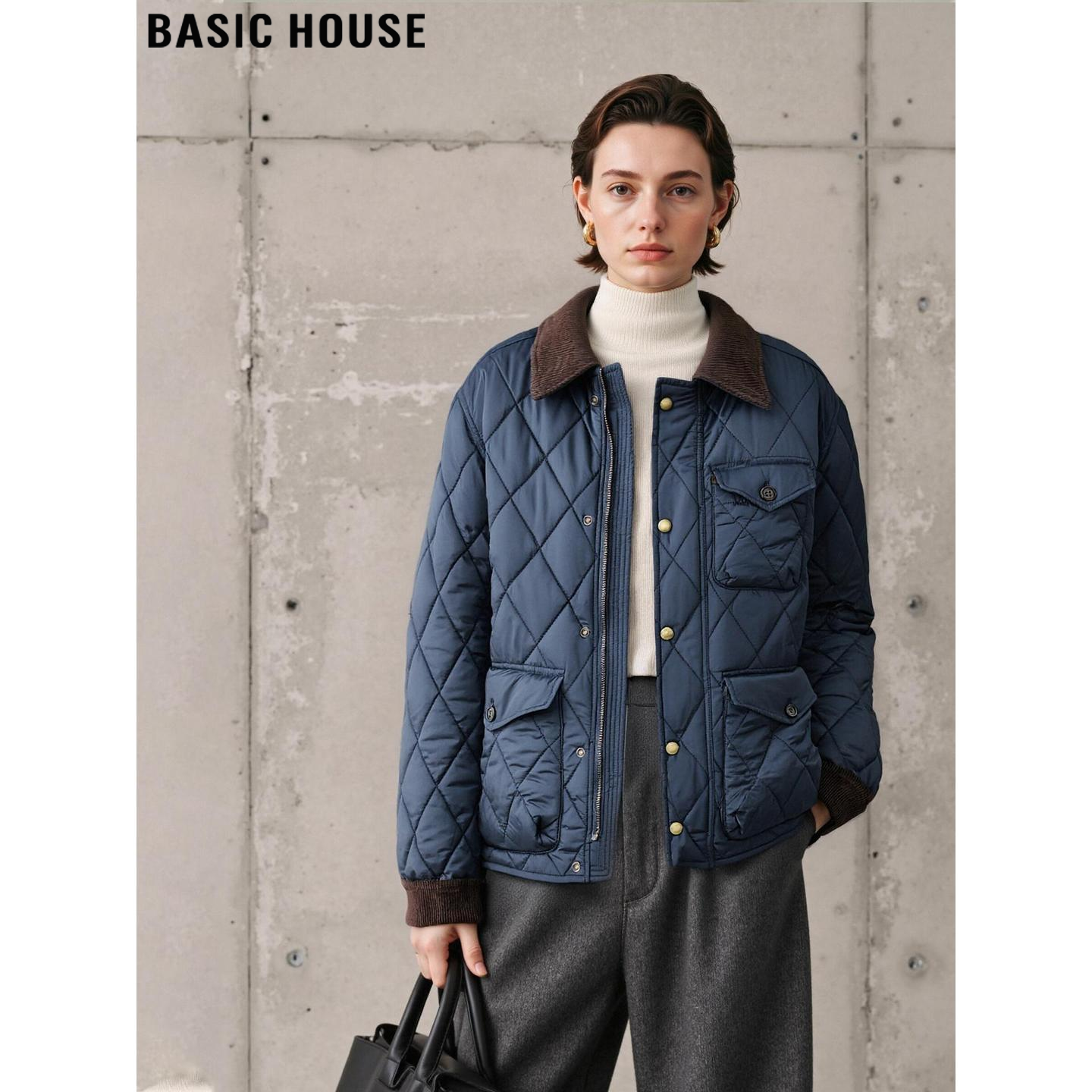 百家好宝蓝色翻领菱格棉服外套女