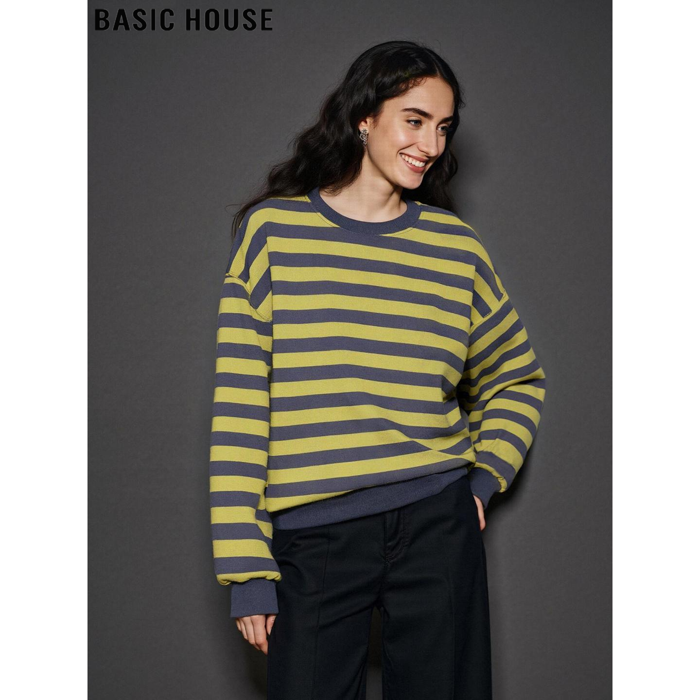 百家好圆领条纹加厚卫衣女慵懒风