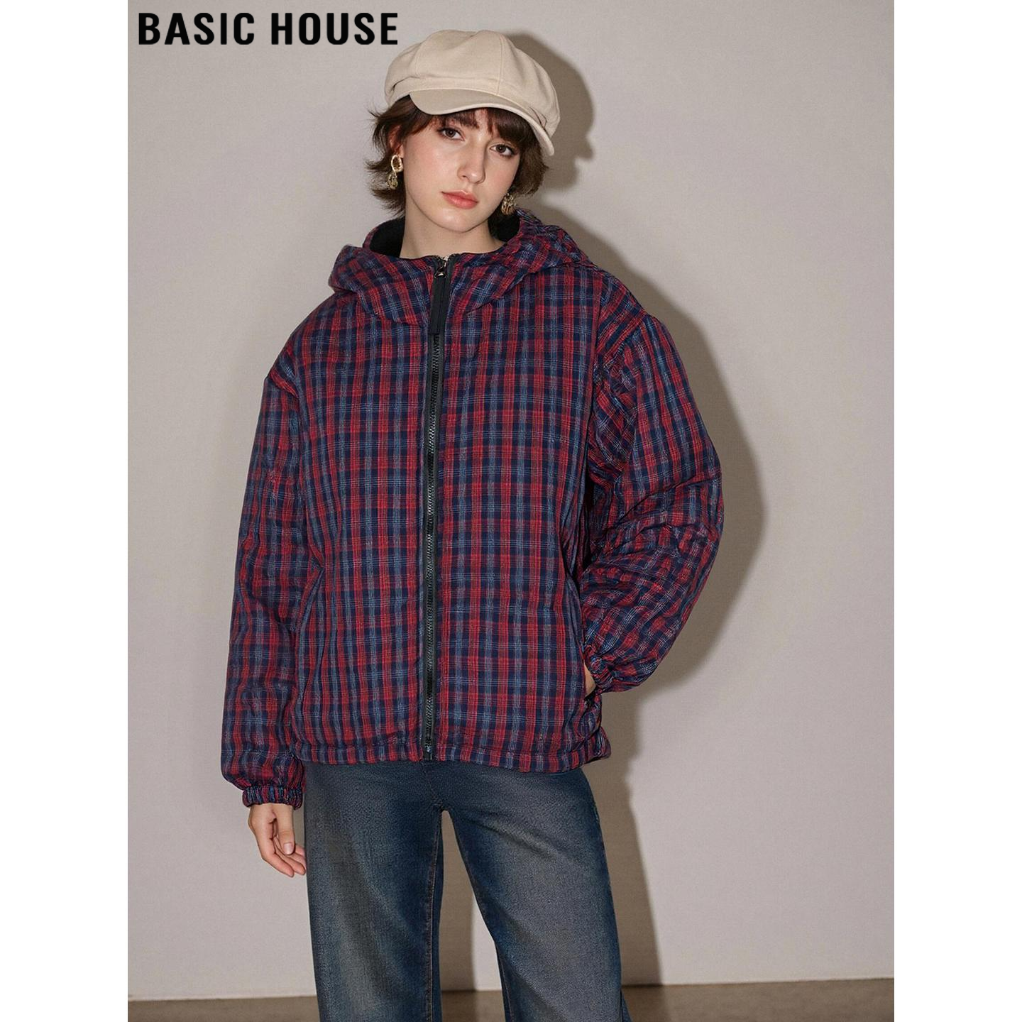 百家好复古格子连帽棉服外套女